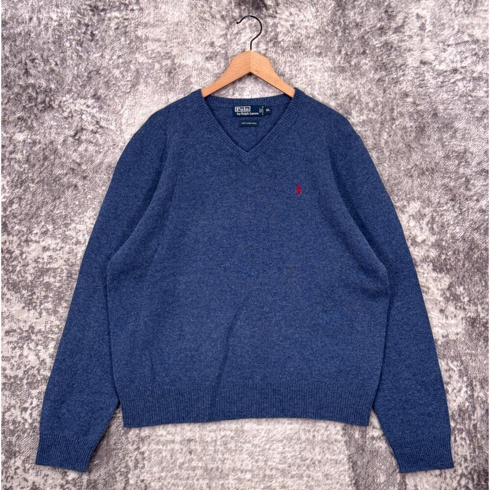 Vintage Polo Ralph Lauren Sweater XL Mens Lambs Wool Indigo Blue V Neck
